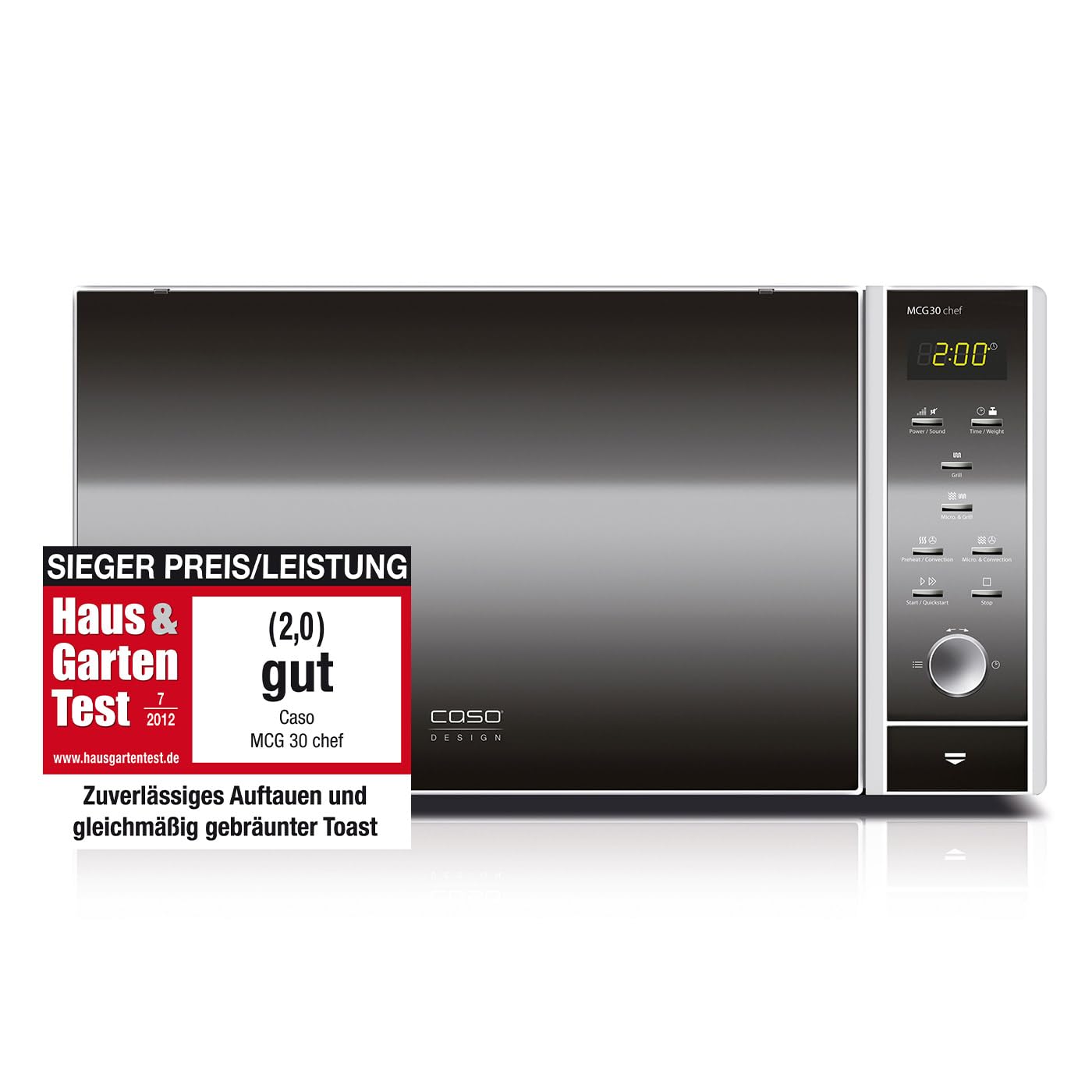 CASO | MCG30 chef 3-in-1 Mikrowelle mit Grill und Heißluft 2200W | Backofen-Funktion 110-200°C, 30 L, Drehteller Ø 31,5cm, Edelstahl verspiegelt