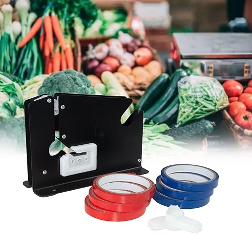 Sellador de bolsas de cinta de acero con recortador de bolsas, 6 rollos de bolsa de cinta, dispensador cónico de sellado de bolsas para carne