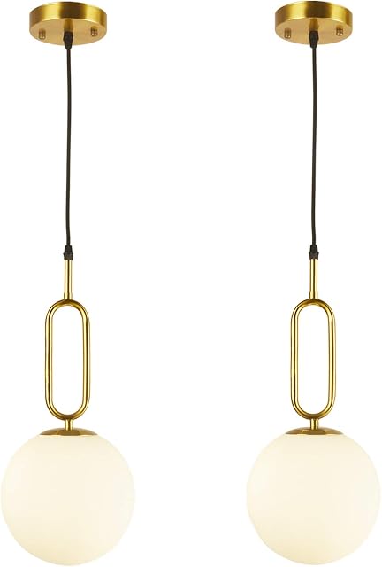 BAODEN 1 Lights Modern Globe Pendant Light Fixture Set of 2 Mid Century Chandelier Brushed Brass Finished with White Globe Glass Lampshade Living Room Bedroom Dining Lighting (Gold)