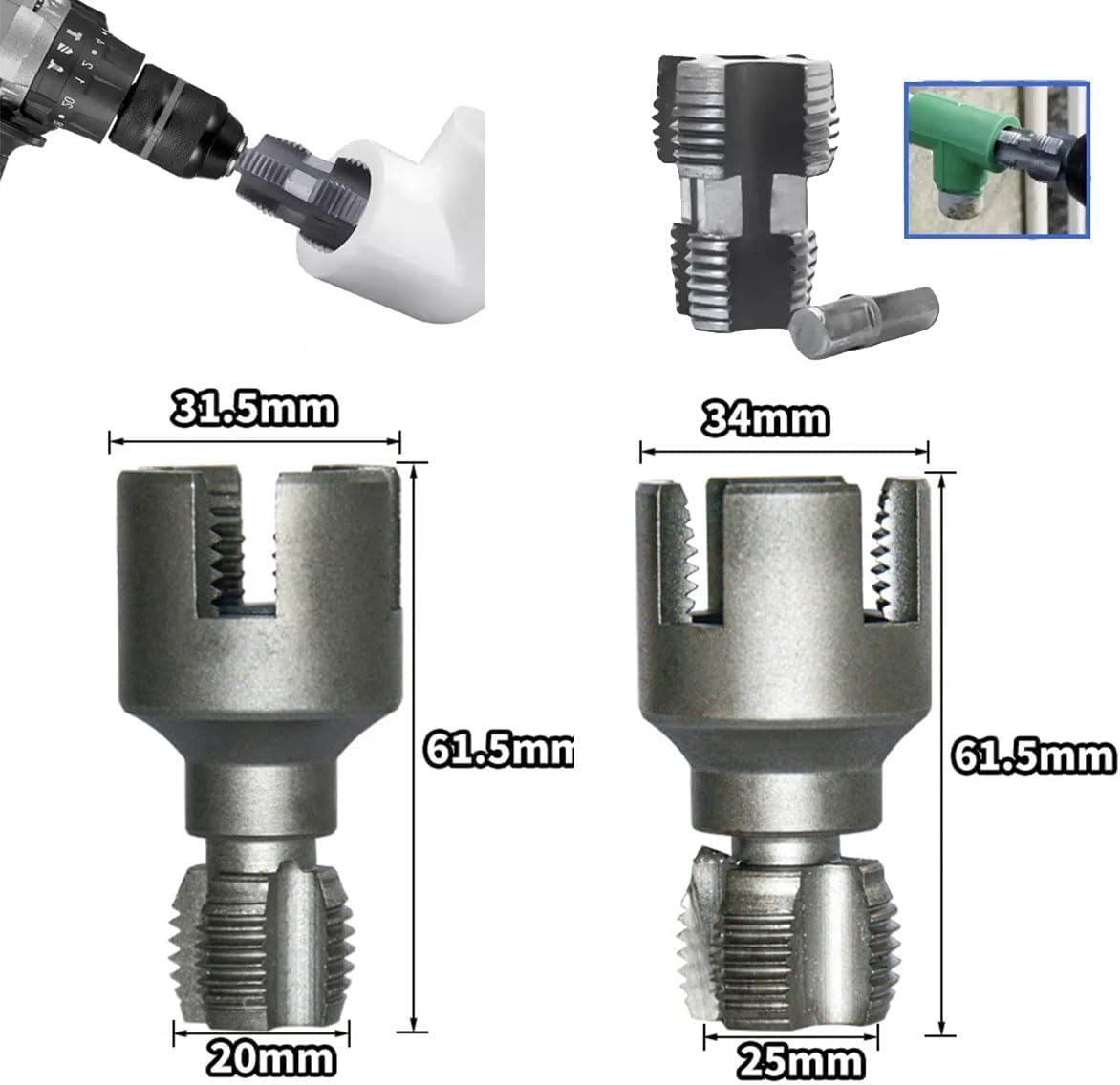 Integrated Internal & External Pipe Threading Tool, 1/2" & 3/4" & 1" Water Pipe Internal and External Integrated Threader, Electric Drill Compatible Heavy-Duty Pipe Thread Cutting Tool Set (3pcs)