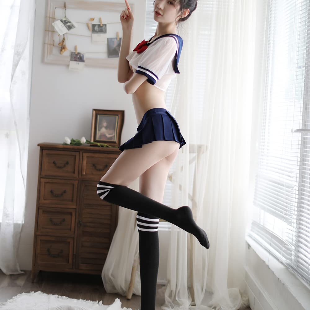 Temptshow Sexy Cosplay Sailor Suit Schoolgirl School Uniform Underwear Set Mini Dress: Navy Blue