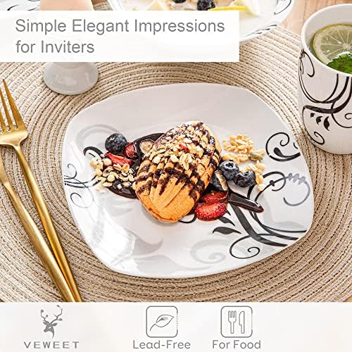 VEWEET 'Zoey' 20-Piece Dinner Set Ivory White Porcelain Black Decals Combination Sets with Egg Cups/Mugs/Bowls/Dessert Plates/Dinner Plates for 4