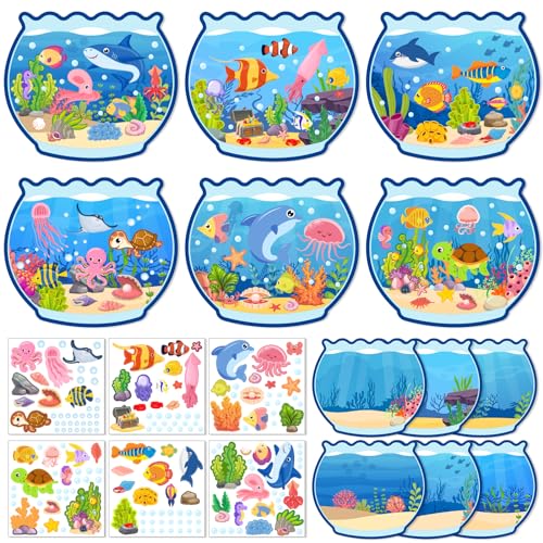 Summer Craft Kits for Kids Make A Ocean Animals Worlds Stickers Scene Summer Craft Under The Sea Scene Sticker Shark Tropical Fish Sea Animal Bulk Set for Home Classroom Game Activities (24Set)