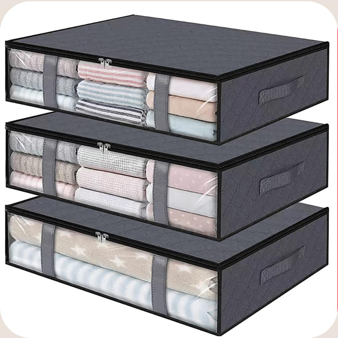 Yjia Grey 40L Underbed Storage Container 3 Pack, Foldable Clothing Storage Bag With Transparent Front Window, Suitable For Storing Clothes, Blankets, Toys,