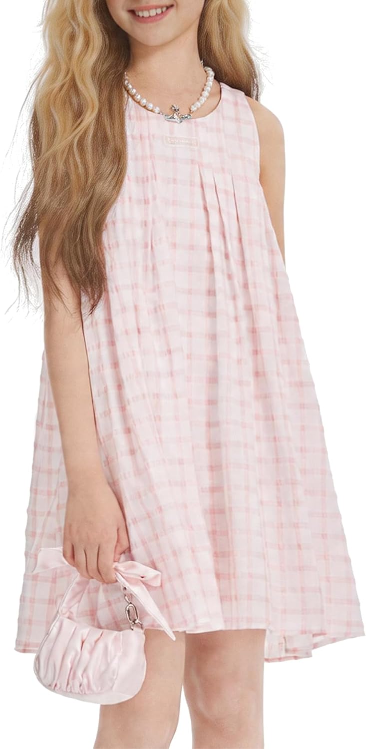 Girls Sleeveless Pink Plaid Dress Casual Summer Cotton Blend A-Line Dress for Girls 10-16Y