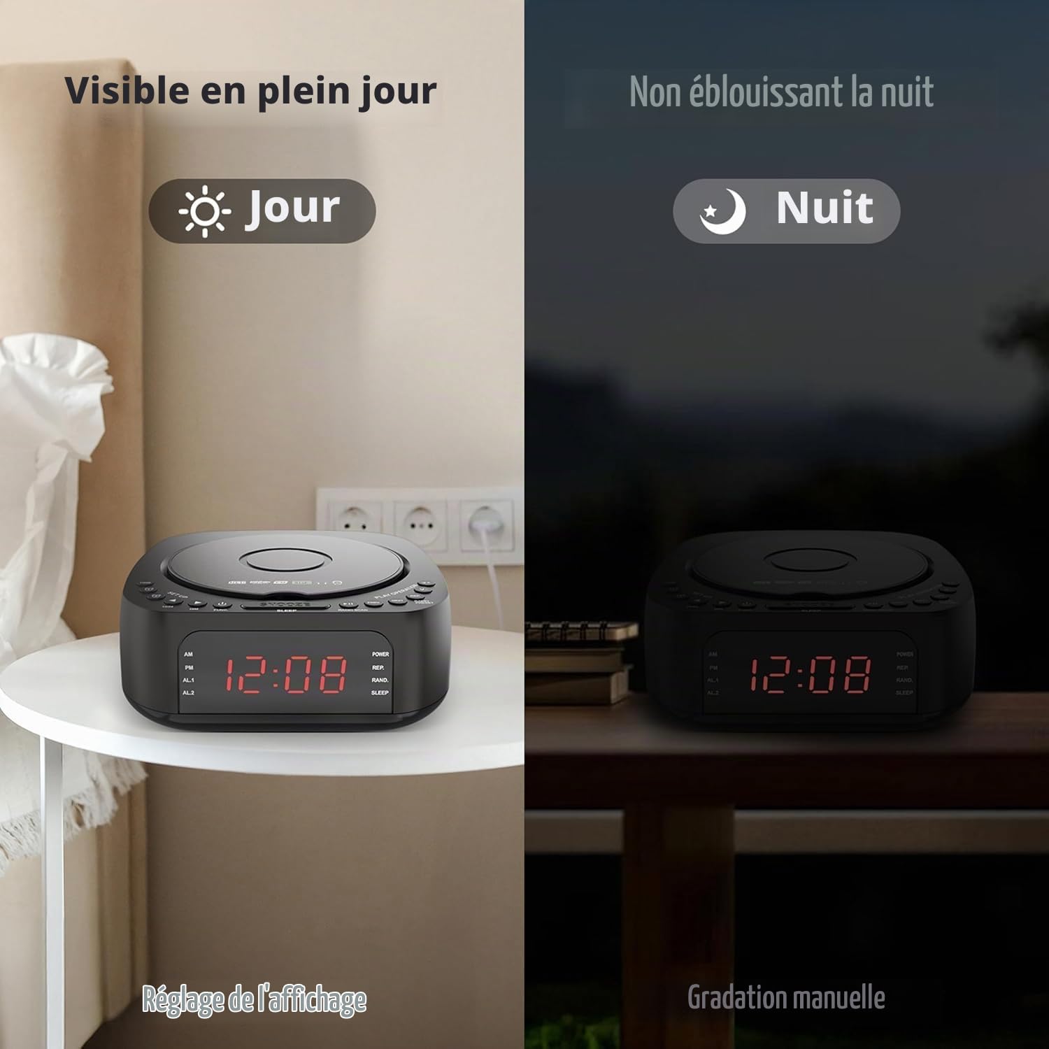 Radio Réveil Lecteur CD avec Télécommande, CD/MP3, Bluetooth, Radio FM avec Haut-parleurs, Chargeur USB, Écran LED Réglable, Double Alarme, Son en Option, CD Player pour Chambre