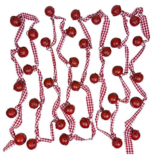 6 Yards Rustic Christmas Metal Sleigh Bells Garland Country Charm Jingle Bells Checked Ribbon Hanging Garland for Christmas Vintage Farmhouse Holiday Winter Tree Mantle Banister Decoration