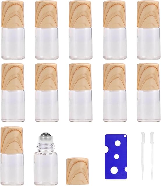 Apstaqeoo 12Pcs, 2Ml Essential Oils Roll on Bottles Empty Clear Glass Roller Bottles with Stainless Steel Roller Ball & Plastic Wood Grain Cap Opener Pipette Perfect for Fragrance Aromatherapy