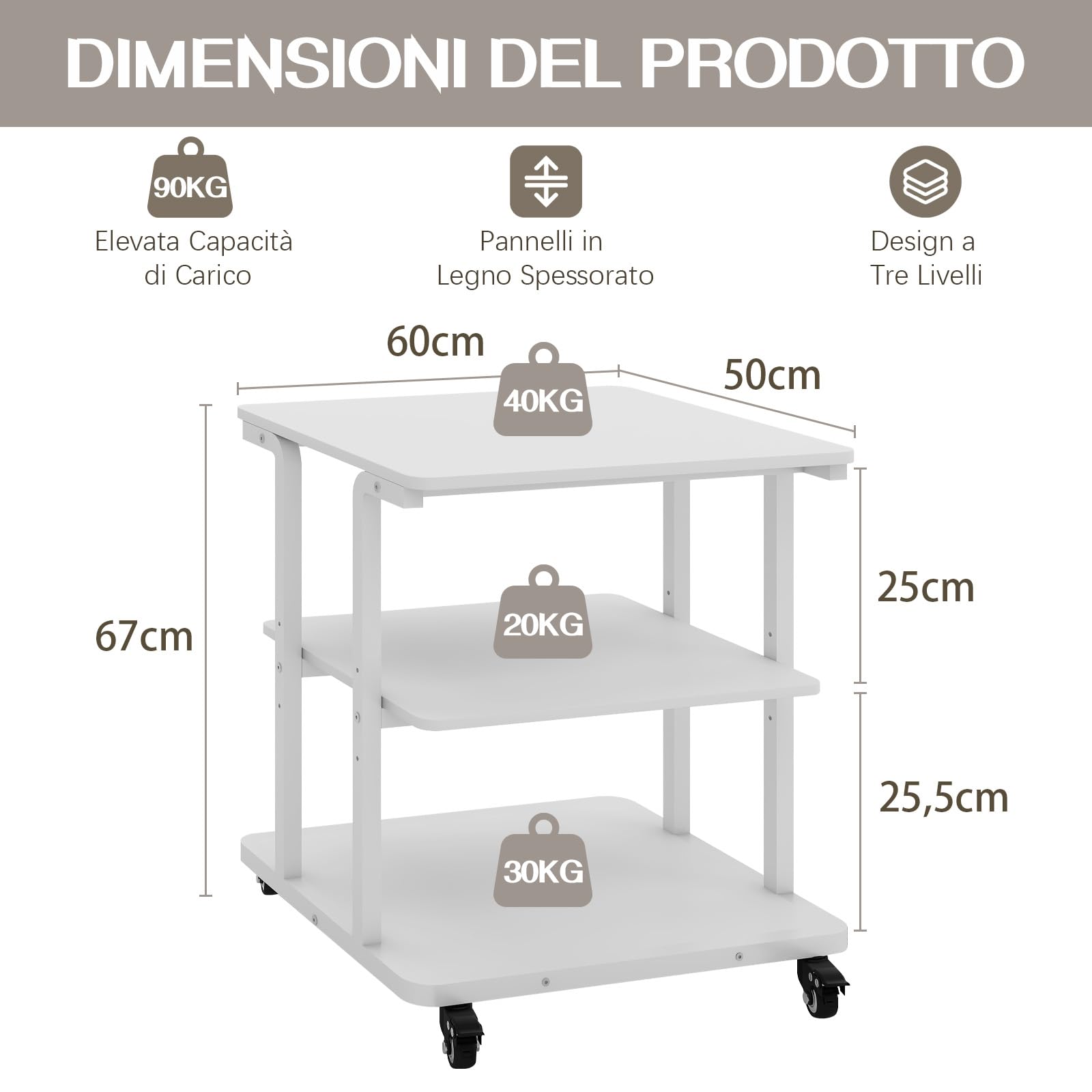 PUNCIA Supporto per Stampante a 3 Livelli Mobile Comodini 60x50x68CM Carrello Porta Tavolino di Stoccaggio con Ruote Scaffale Porta Stampante Sotto Scrivania in Legno per Ufficio e Casa (Bianco)