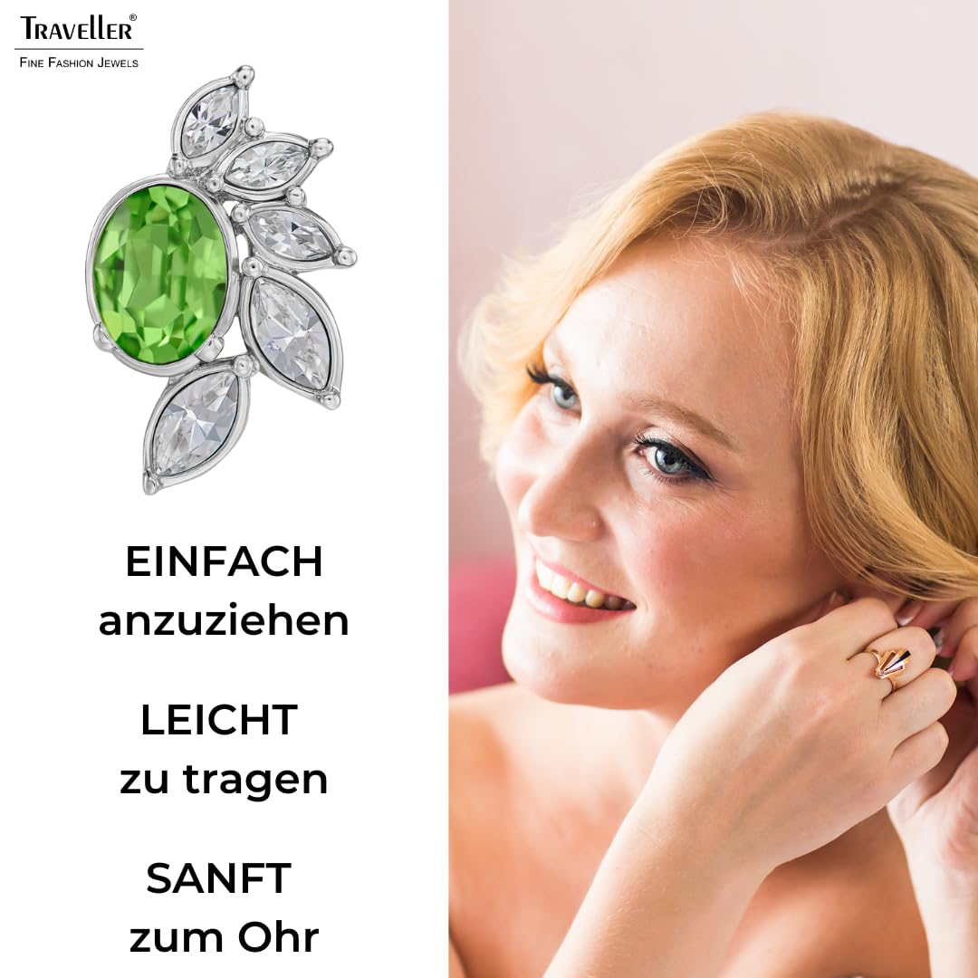 Traveller Ohrclip - Damen - Silberfarben - Kristalle - Grün/Peridot - Platiniert - Halbe Blume - 20 x 12 mm - 157779