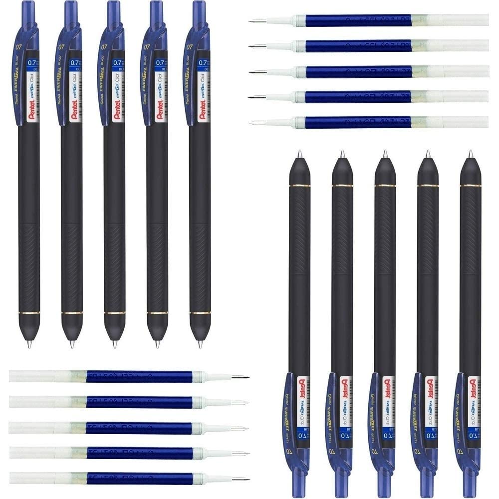 Pentel EnerGel Click 0.7mm Metal Tip (EnerGel Click Pen Blue 10 & LR7 Refill Blue 10) By DTL