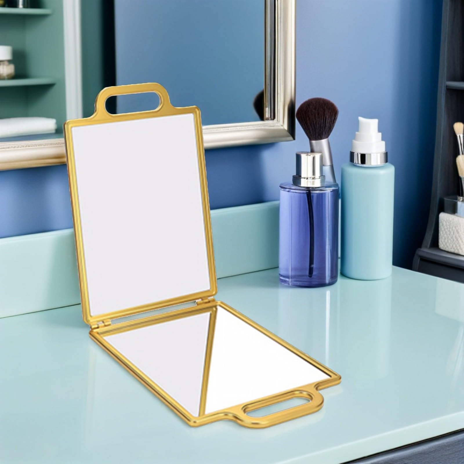 Specchio da Portatile Oro con Design Doppio Lato Pieghevole e Vetro, Specchio da Viaggio Compatto per Taglio Chioma e Styling Personale