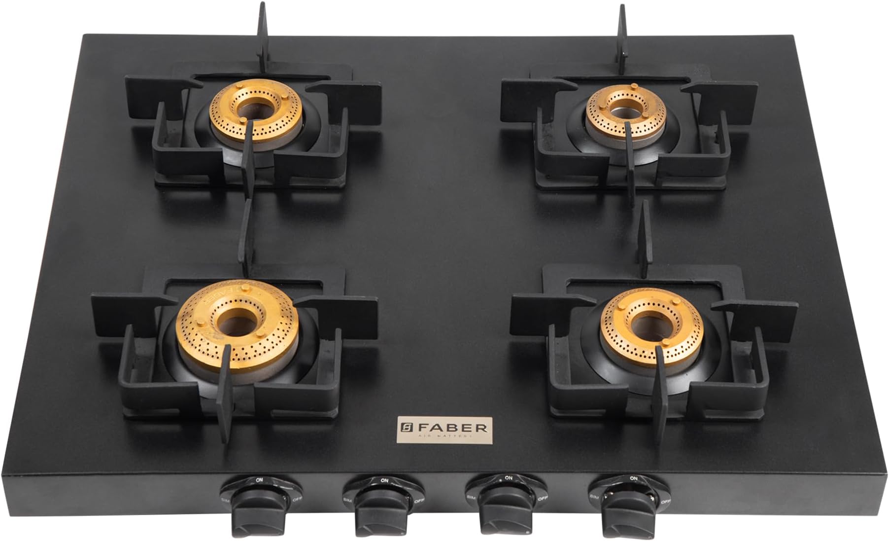 Roma 4 Burner Gas Stove | 2.0.mm MS Frame Body with Diamond Coated Finish | 4 Brass Burners | Diamond Coated Pan Support & Drip Tray, Heat Resistant Metal Knobs, Manual Ignition, Black