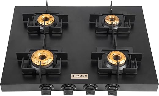 Faber Roma 4 Burner Gas Stove | 2.0.mm MS Frame Body with Diamond Coated Finish | 4 Brass Burners | Diamond Coated Pan Support & Drip Tray, Heat…