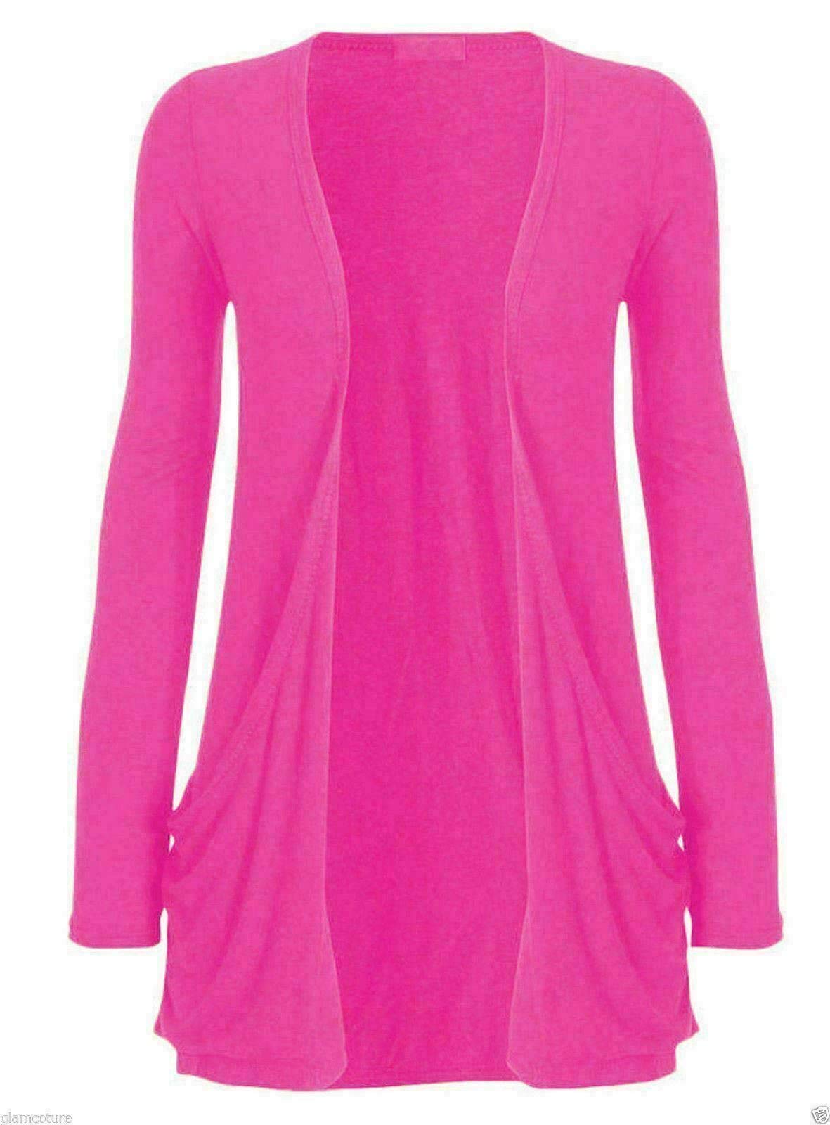FAIRY BOUTIQUE Ladies Long Sleeve Pocket Boyfriend Cardigan Womens Open Front Plain Casual Party Wear Cardigan Top Fuchsia