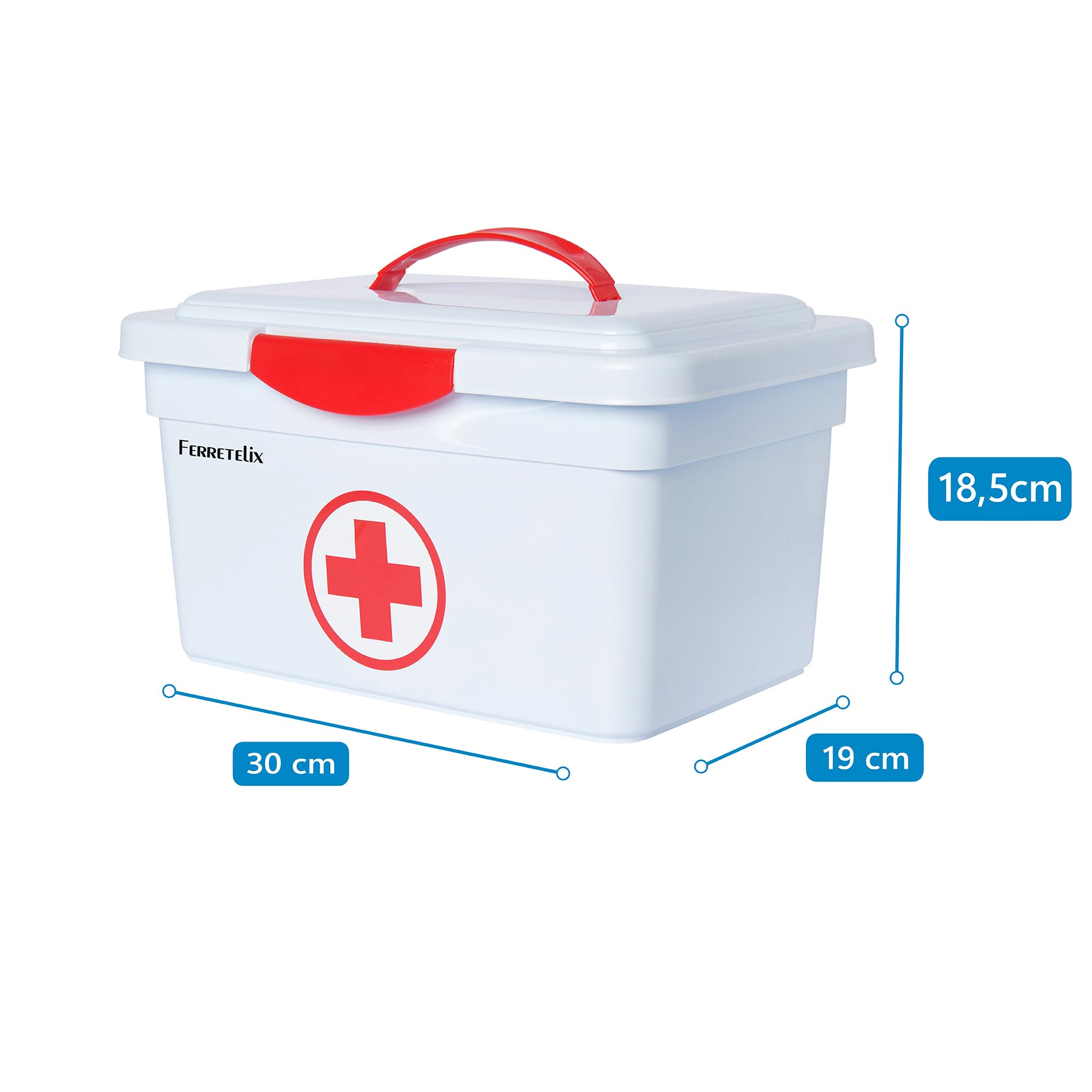Farmalix Botiquin caja primeros auxilios con tapa 8 litros medidas: 35cmx23cmx19cm equipado con varios artículos para realizar las primeras curas en caso de emergencia