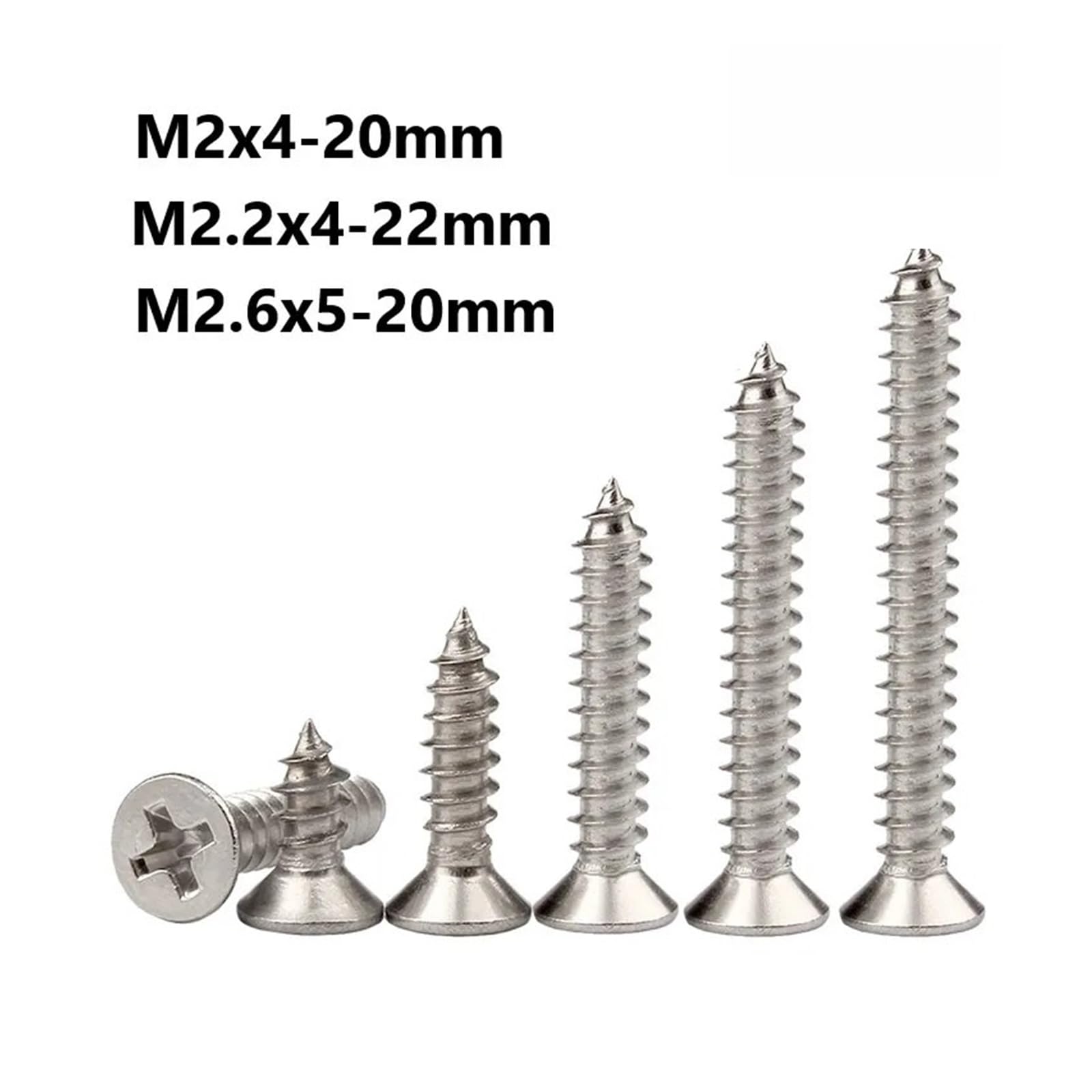 Tornillos Tornillos autorroscantes Tornillo de ace Tornillos autorroscantes de cabeza plana con ranura en M2 M2.2 M2.6 Pernos for máquina de acero inoxidable 304 de 3, 4, 5, 6, 8, 10, 12, 16 y 20 mm(M