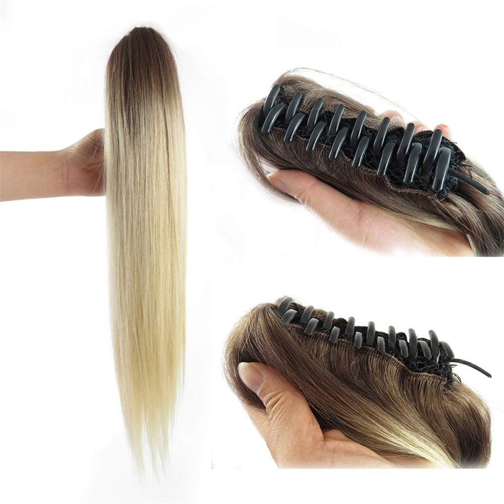 Remeehi Straight Real Human Hair Ponytails Hairpiece Claw Clip Ponytail Hair Extensions 16inch 85g Ombre Light T4/613# Bleach Blonde