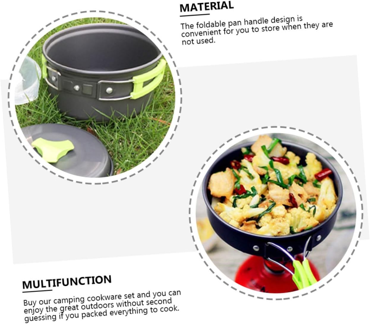 1set Person Portable Outdoor Cookware Set Green Handle Camping Cookware Kit Accessories Carrying Bag for Hiking Backpacking and Picnics