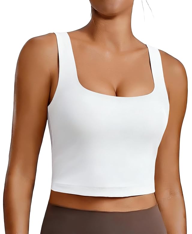 PINSPARK Sports Bra for Women Square Neck Longline Tank Top with Built in Bra