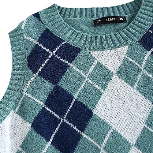 Zaful Women's V-Neck Sweater Vest Sleeveless Houndstooth Pullover Knitted Sweater (1-Argyle Light Green, S) #TOP3