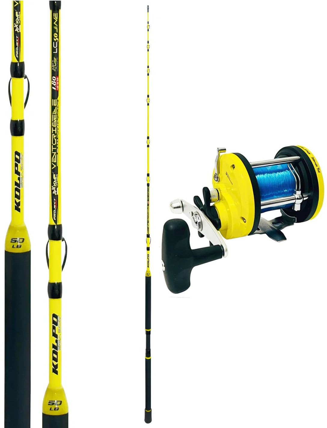 Kolpo Canna da Pesca traina 1,80 m + Mulinello Laguna Troll Precaricato – Set Completo per Pesca con Vivo e Traina