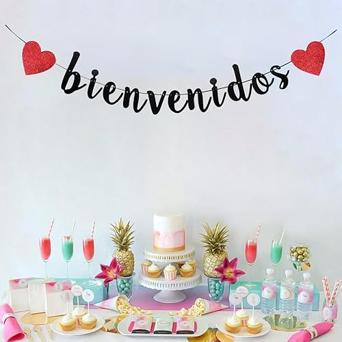 Miniatura 3 de TENNYCHAOR Cartel de Bienvenidos, decoración de fiesta mexicana con purpurina negra, decoración de fiesta española para el hogar, decoración de