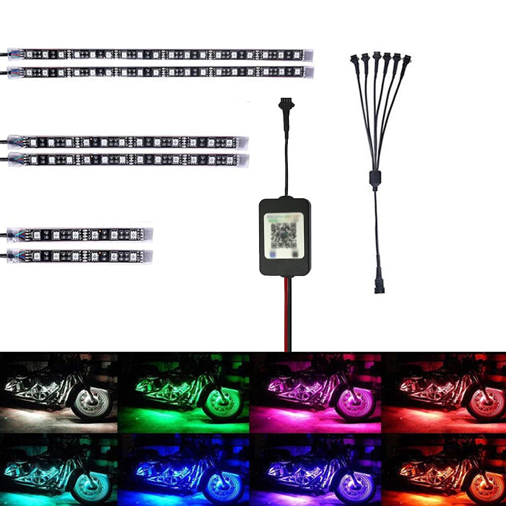 DXXLED Motorcycle LED Light Kit Multi-Color Neon RGB Strips, Mobile APP Dimming Color Compatible with ATVs UTVs Cruiser Trikes Golf Carts -Waterproof IP65 (Pack of 6)