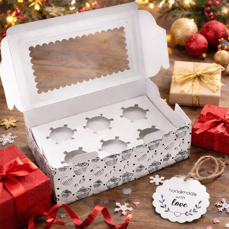 Image of mudrit Cupcake Boxes with Insert Trays (Pack of 10), Cupcake Carrier, Food Grade Bakery Boxes with Windows to fit 6 Cupcakes, Muffins or Pastries (White)
