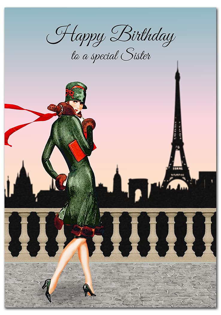 Extra Large Sister Birthday Card - XL Big thick A4 size - Special Beautiful Greeting for Women Her Female - Cool Flapper 1920 Style Paris Art - Nice Huge Happy Wishes - UK Eco-Friendly — image 1