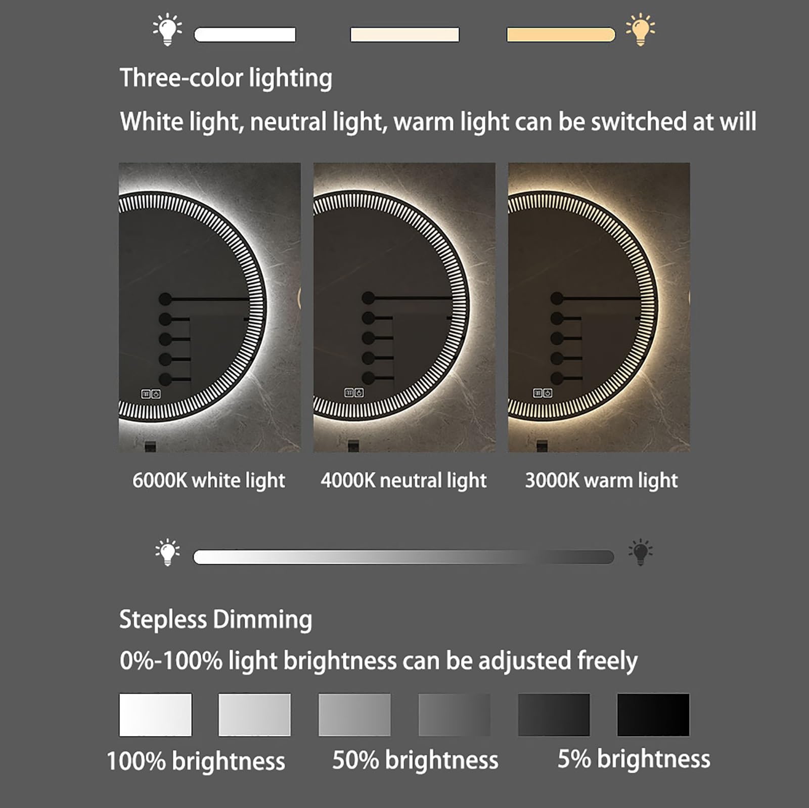 Specchio Trucco con Luci,Specchio Tondo Bagno,Specchio Bagno LED,Specchio Montato a Parete con Smart Touch Button,Antiappannamento,Dimmerabile,per Bagno e Hotel (Size : 60cm)