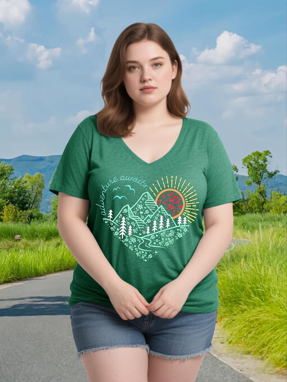 Plus Size T Shirt for Women Vintage Adventure Awaits Tshirt Hiking Shirts Mountain Graphic Tees Short Sleeve Tops - Image 2