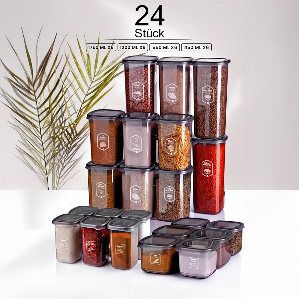 24-teiliges Vorratsdosen Set mit Etiketten – Stapelbare Behälter: 6x 1750ml, 1200ml, 550ml, 450ml – BPA-frei, Mikrowellen- & Gefriergeeignet