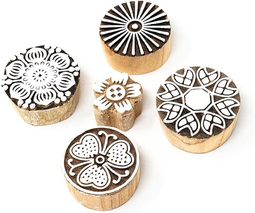 Hashcart Juego de 5 sellos de madera tallados a mano en forma de borde, bloques de impresión de textiles indios tallados a mano para cerámica de
