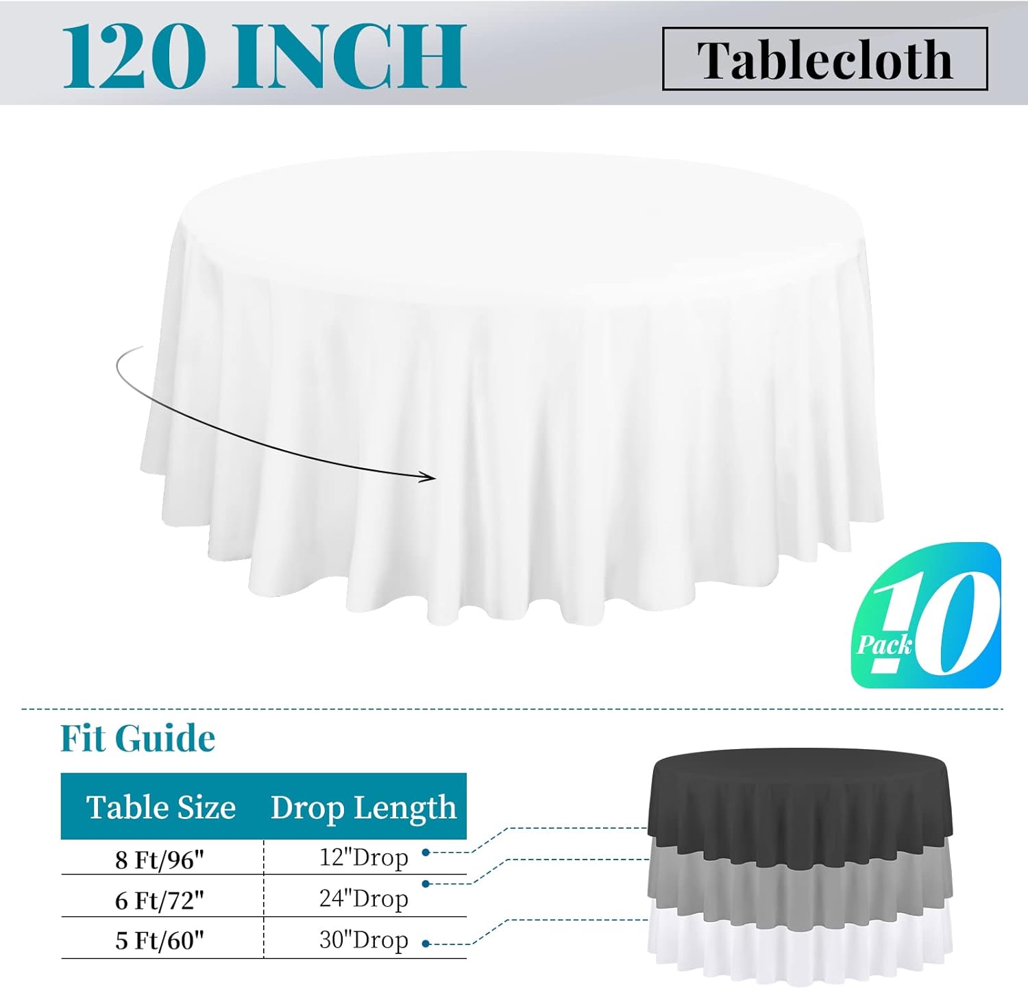 fani 10 pack 120 inch round white polyester tablecloth, wrinkle & stain resistant, perfect for 8ft round table, wedding, banquet, birthday parties white 10 pack 120 inch round