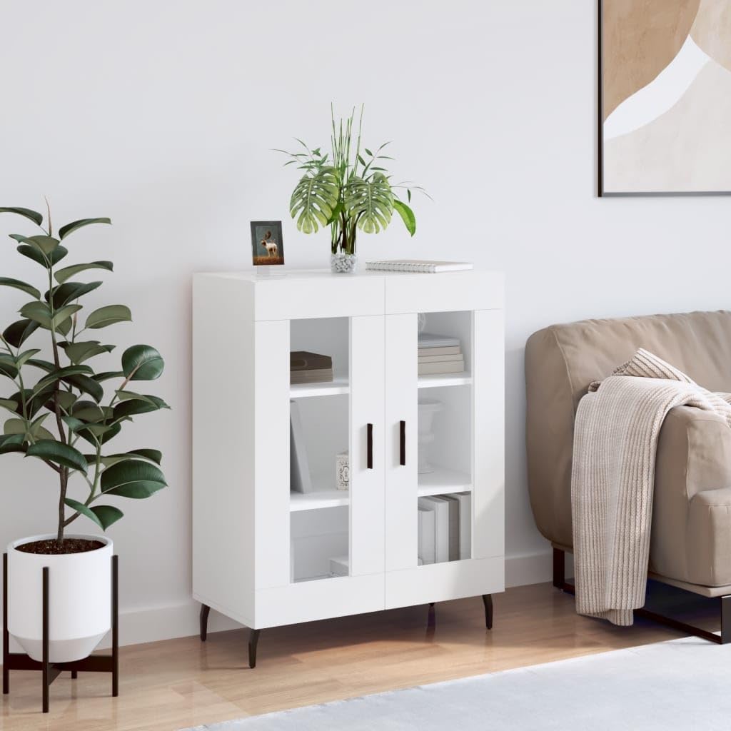 Homvdxl Modern Sideboard Storage Cabinet, Cupboard with 2 Glass Doors & Metal Legs, Storage Cabinet Unit for Living Room Bedroom Kitchen Entryway, Classic Leg - White