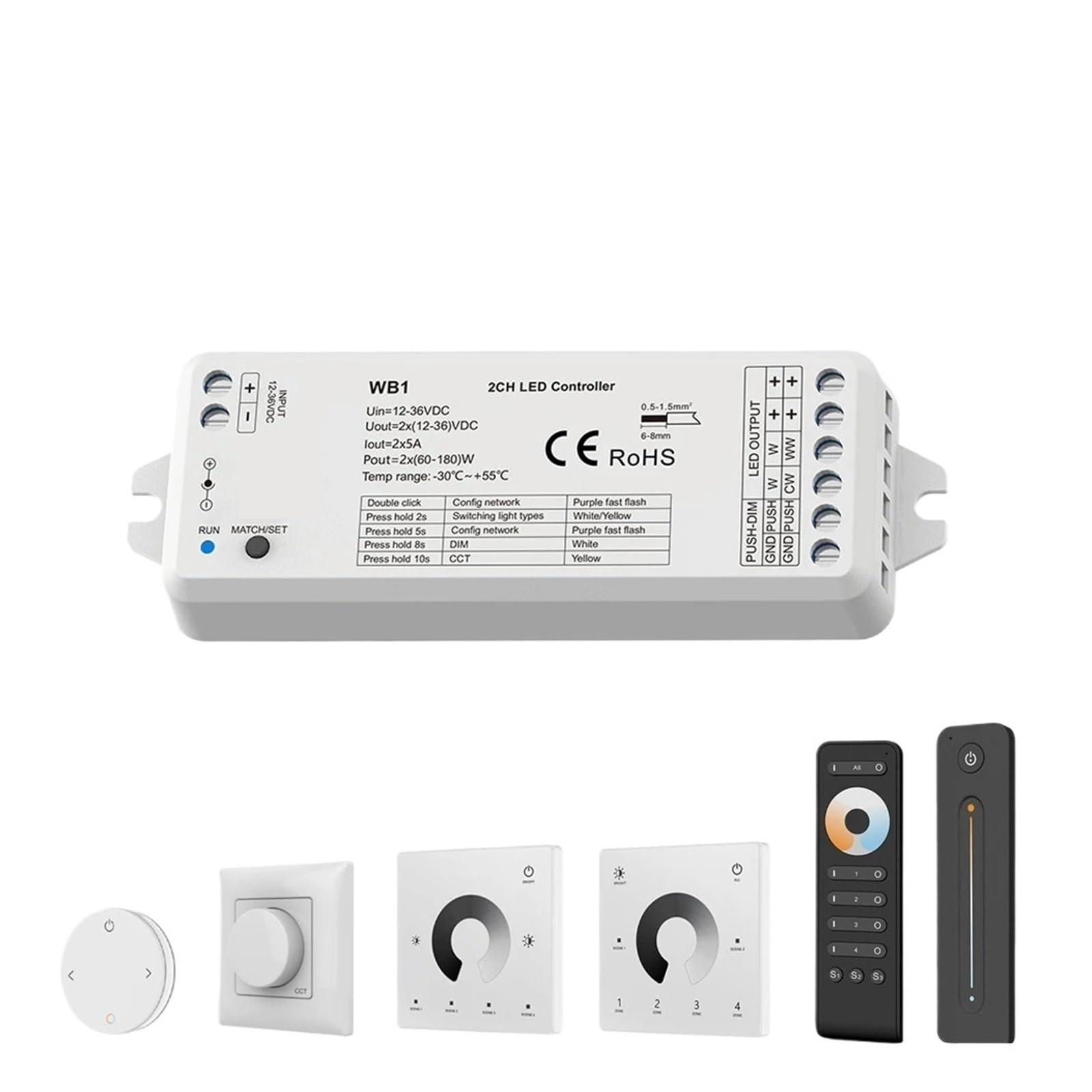 Controlador LED de 2 canales atenuador DC12V 24V control 2,4G