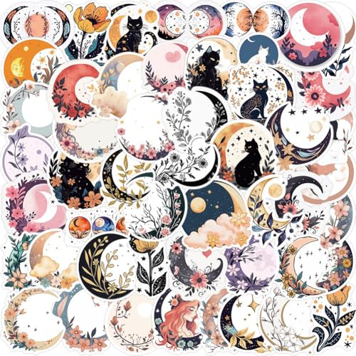 Moon Stickers |50Pcs Moon Flower Waterproof Vinyl Decals
