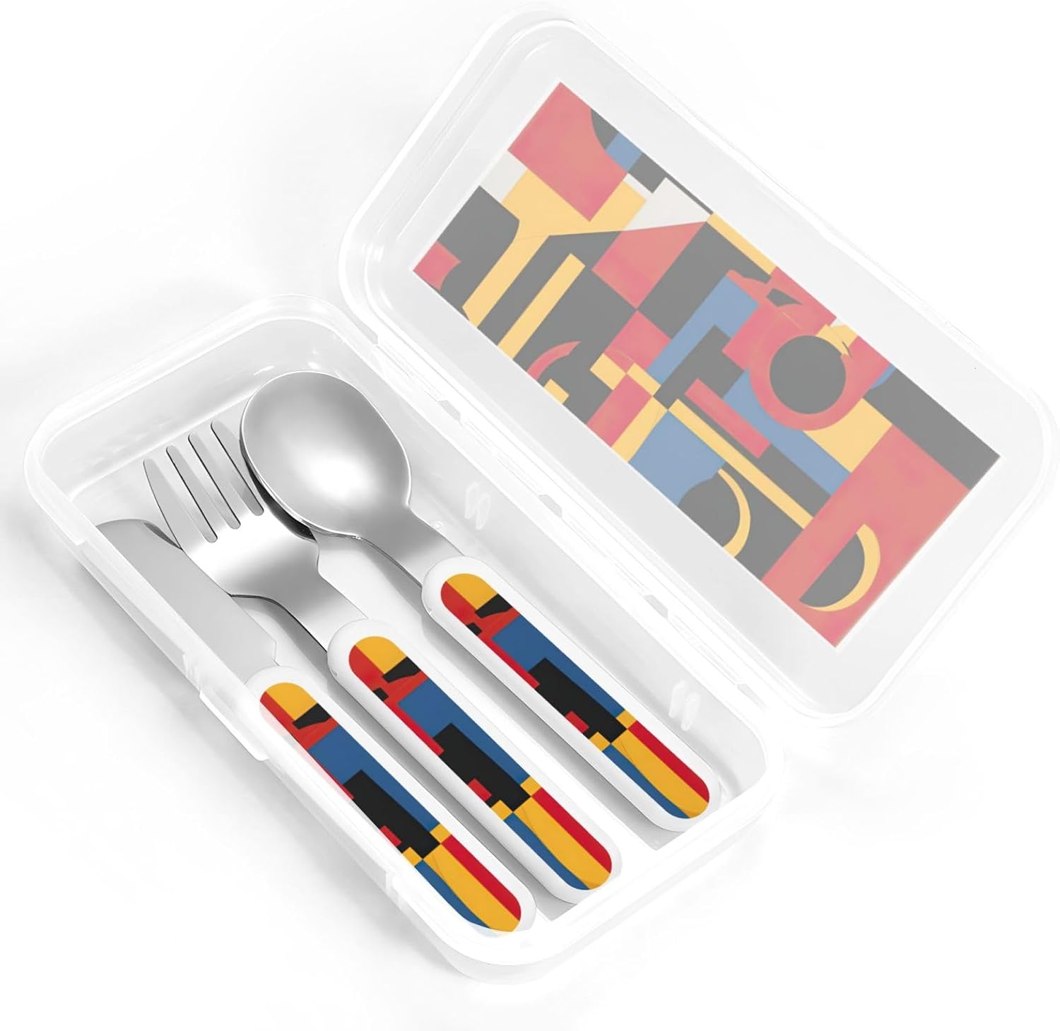 Composition in Red Yellow Blue and Black Print Stainless Knife Spoon Fork 3-Piece Set,Flatware Cutlery Set With Storage Case