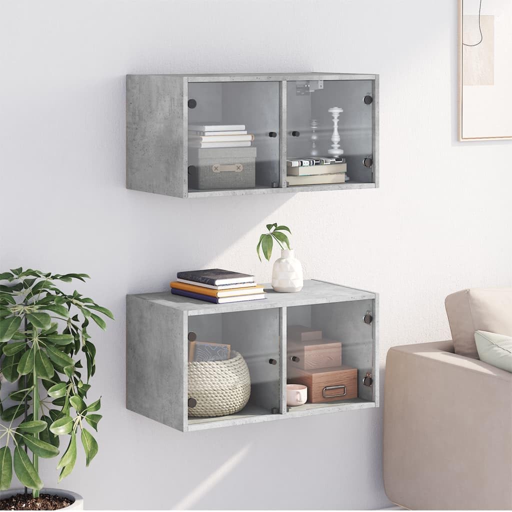 2er Set Wandschränke mit Glastüren Betongrau 68,5x37x35 cm - Moderner Hängeschrank aus Holzwerkstoff für Wohnzimmer Büro & Flur - Stilvolle Wandvitrine mit Stauraum