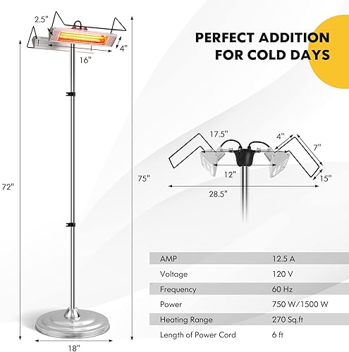 Miniatura 4 de Tangkula Calentador eléctrico de patio de 1500 W, calentamiento rápido, calentador infrarrojo de 270 pies cuadrados con 3 modos, interruptor de