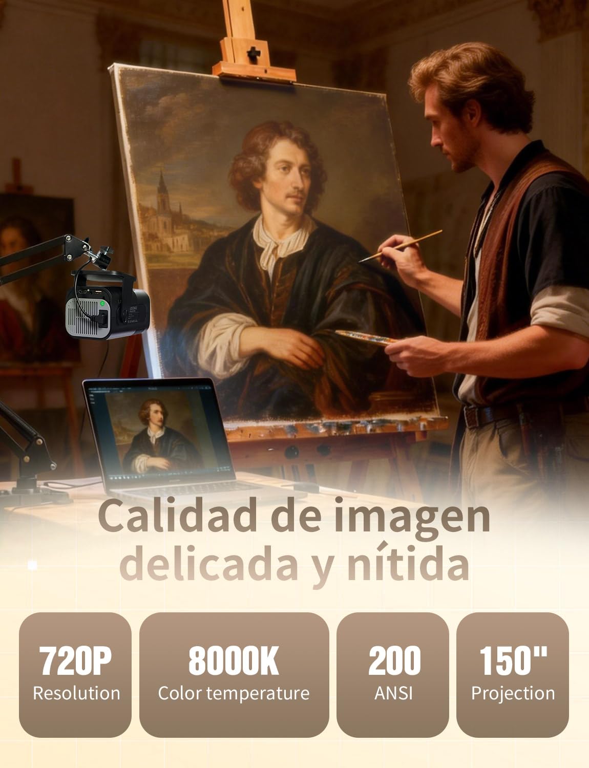 LAIZESKE HY520 Proyector de Arte para Calcar y Dibujar, 720P Portátil Inteligente para Artistas Adultos, Proyector de Imagen para Pintar sobre Lienzo, 200 Lúmenes ANSI con WiFi y Bluetooth