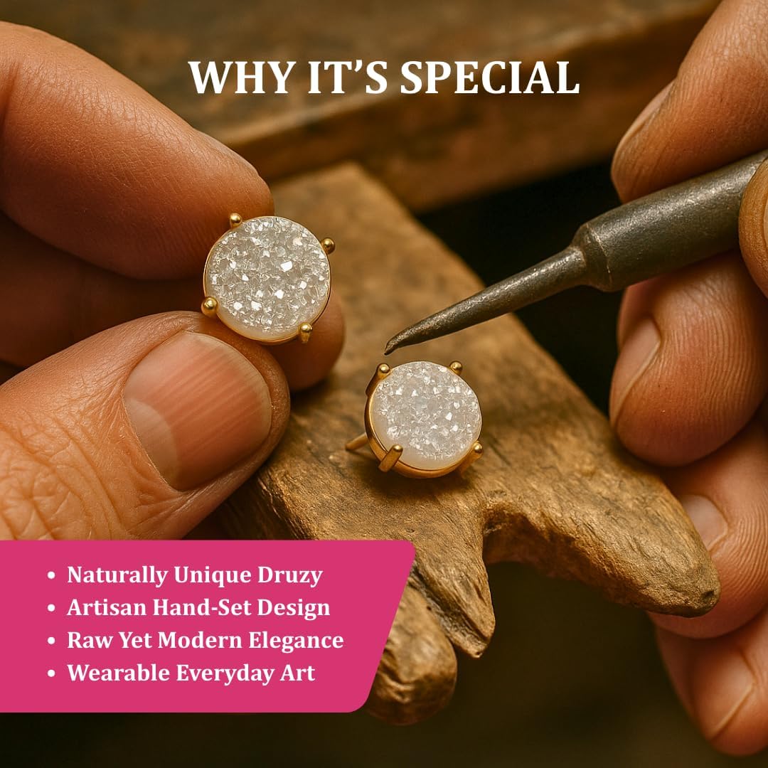 Gempires Gemstone Druzy Stud Earrings for Women 14k Gold Plated Handmade Prong Set Studs Raw Crystal Hypoallergenic Jewelry Minimalist Every Ocassion Gift - Image 9