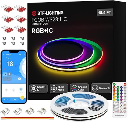BTF-LIGHTING FCOB COB WS2811 RGB+IC - Kit de tira LED de 16.4 pies, color DC12V 3150LED de 0.394 pulgadas de ancho, tira LED de color de ensueño,