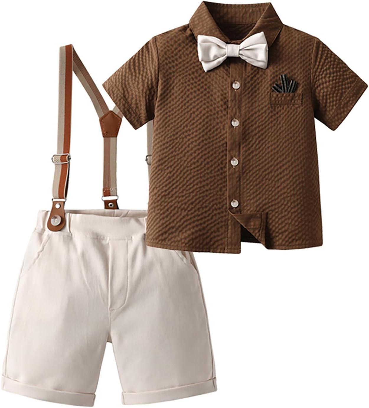 Linjinx Toddler Gentleman Suit Shirt with Shorts Set Wedding Ring Bearer Outfit Lapel Collar Waffle Textured