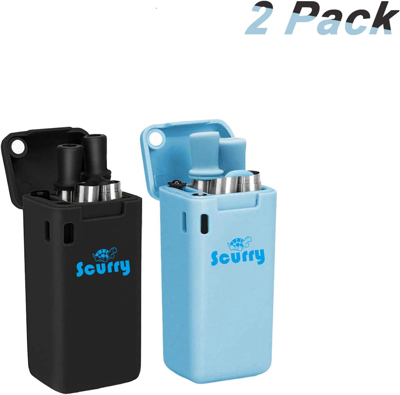 Reusable Metal Straws, Stainless Steel Drinking Straws, Save the Turtles straw, Food-Grade Portable Straw, Folding Drinking Straws with Hard Case for Party Travel Outdoor 2 Pack (Black & Blue)