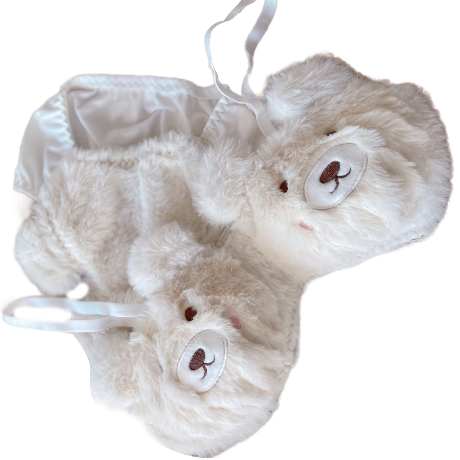 Lodoot Women's Apricot Sweet Bear 2Pcs Plush Bra And Panty Set Furry Wireless Adjustable Strap Bralette Underwear Cosplay Anime Lingerie Cute Bear Girls Wire-Free Bra