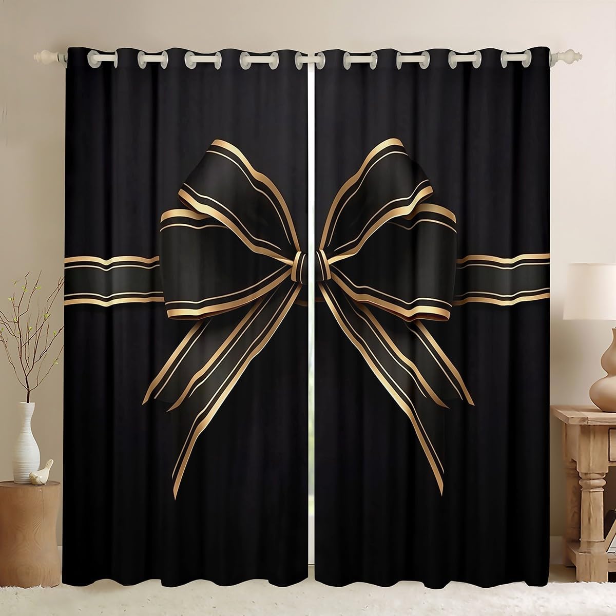 Feelyou Girls Aesthetic Bowknot Window Curtains for Bedroom Living Room,Black Bow Knot Curtains,Girls Room Decor,Cute Bowknot Window Drapes,Coquette Bow Blackout Curtains, 42W X 90L,2 Panels