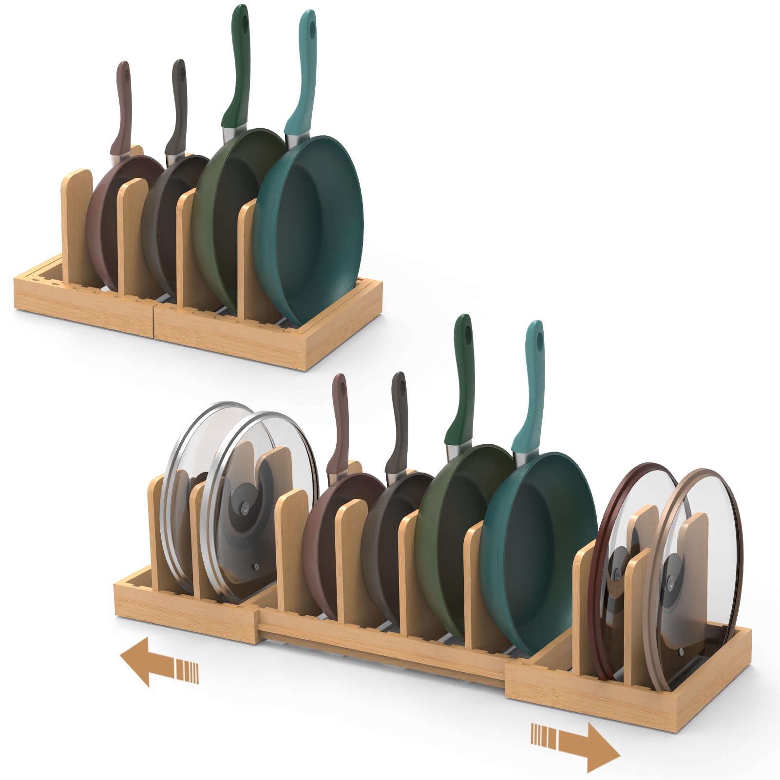 Erweiterbarer Topfdeckel-Organizer, Bambus-Topf- und Pfannen-Organizer für Unterschrank, 40,6 cm bis 71,1 cm, verstellbare Länge und 8 Trennwände