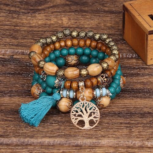 4 Pcs Bohemian Stackable Bracelets for Women Men Set Stretch Multilayer Stack Beads Colorful Beaded Charm Tree of Life Handmade Tassels Jewelry Hippie Bracelet Dainty Best Friends Gift4